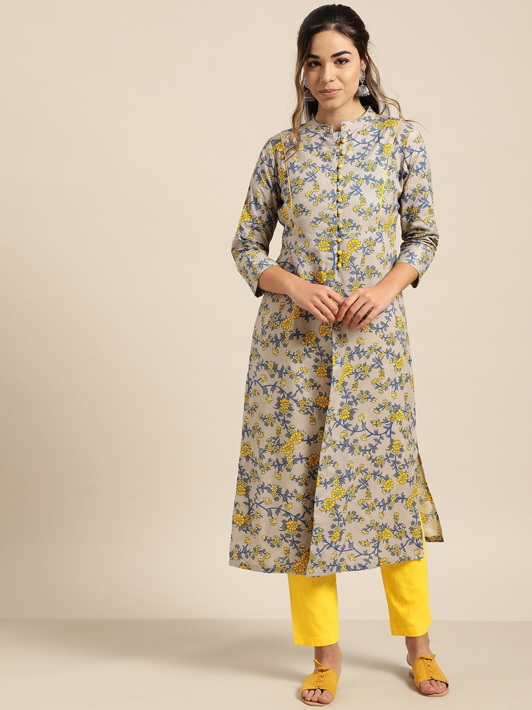 Women's Grey Floral Yoke Kurta With Yellow Pencil Pants - SHAE