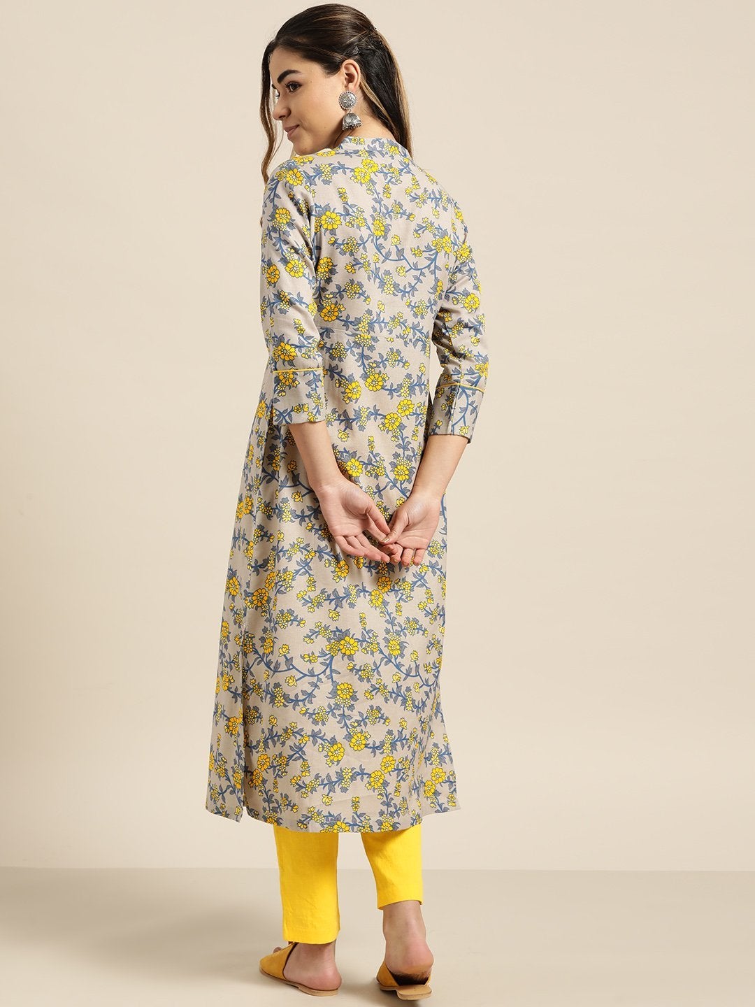 Women's Grey Floral Yoke Kurta With Yellow Pencil Pants - SHAE
