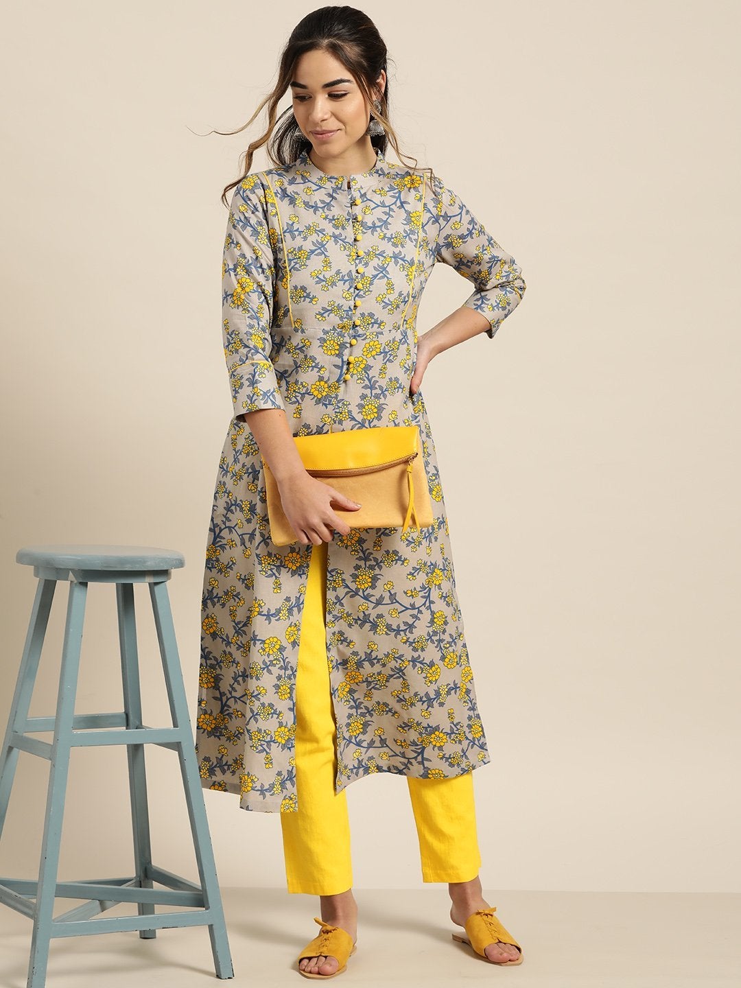 Women's Grey Floral Yoke Kurta With Yellow Pencil Pants - SHAE