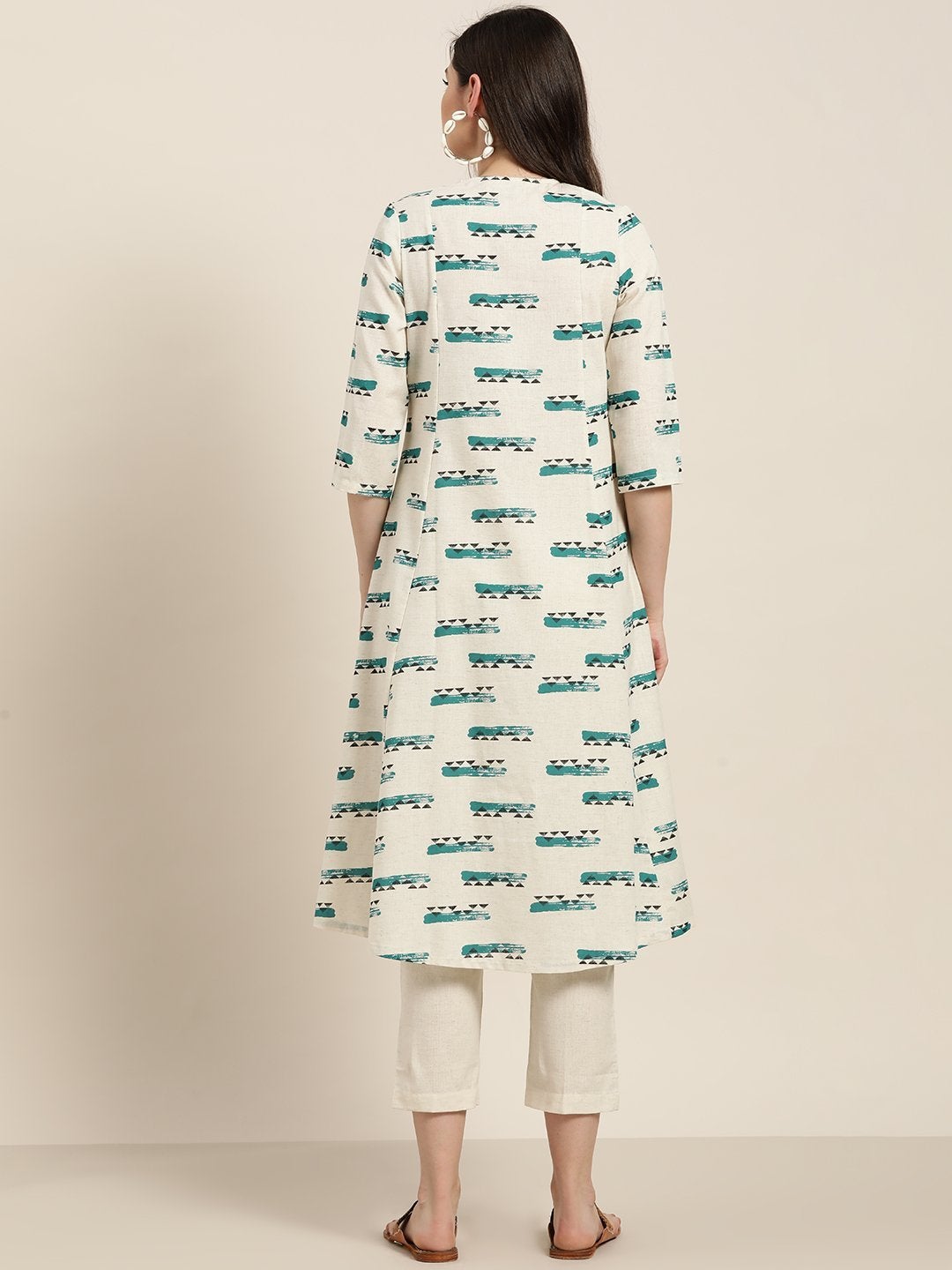 Women's Off White Geo A-Line Kurta With Off White Pants
