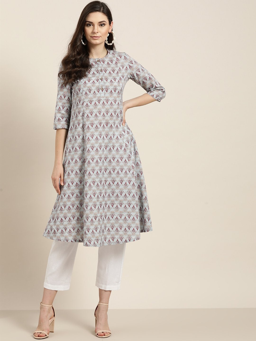 Women's Blue Floral A-Line Kurta With White Pants
