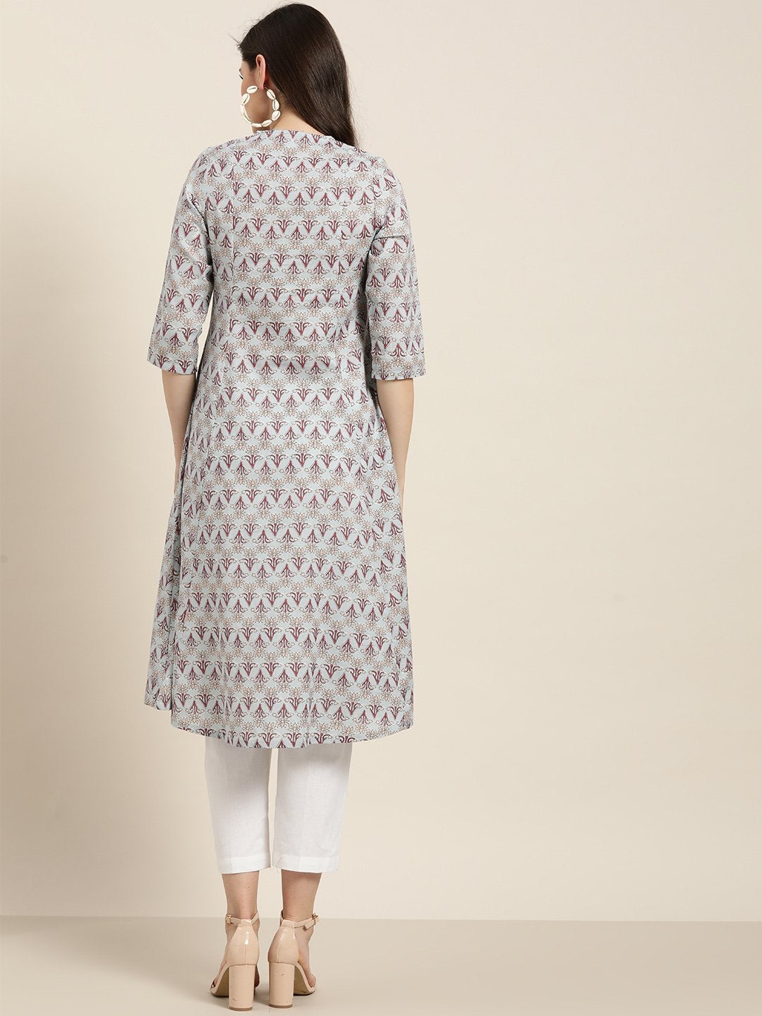Women's Blue Floral A-Line Kurta With White Pants