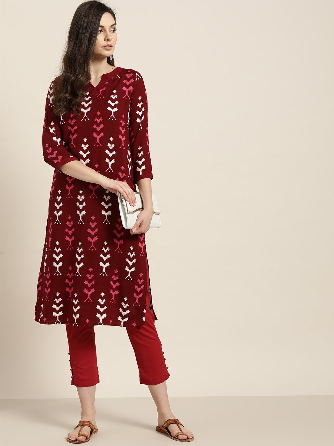 Women's Maroon Ikat Kurta With Maroon Pencil Pants - SHAE