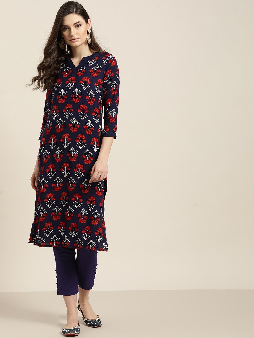 Women's Navy Floral Kurta With Navy Pencil Pants - SHAE