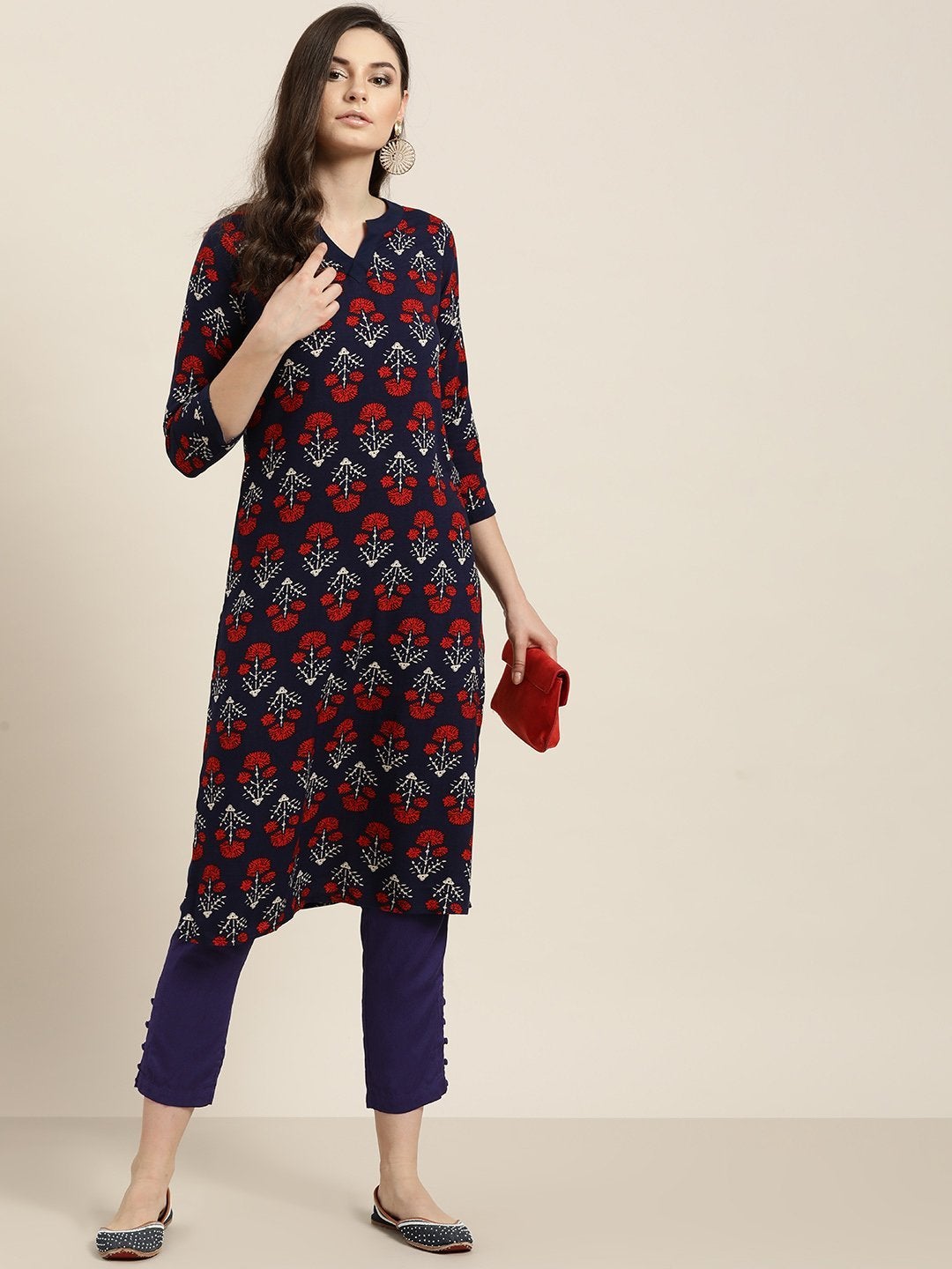 Women's Navy Floral Kurta With Navy Pencil Pants - SHAE