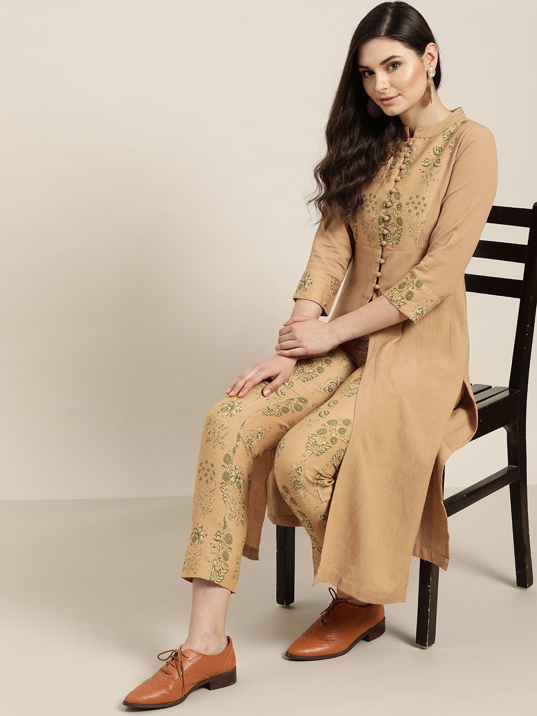 Women's Beige Yoke Kurta With Floral Pencil Pants