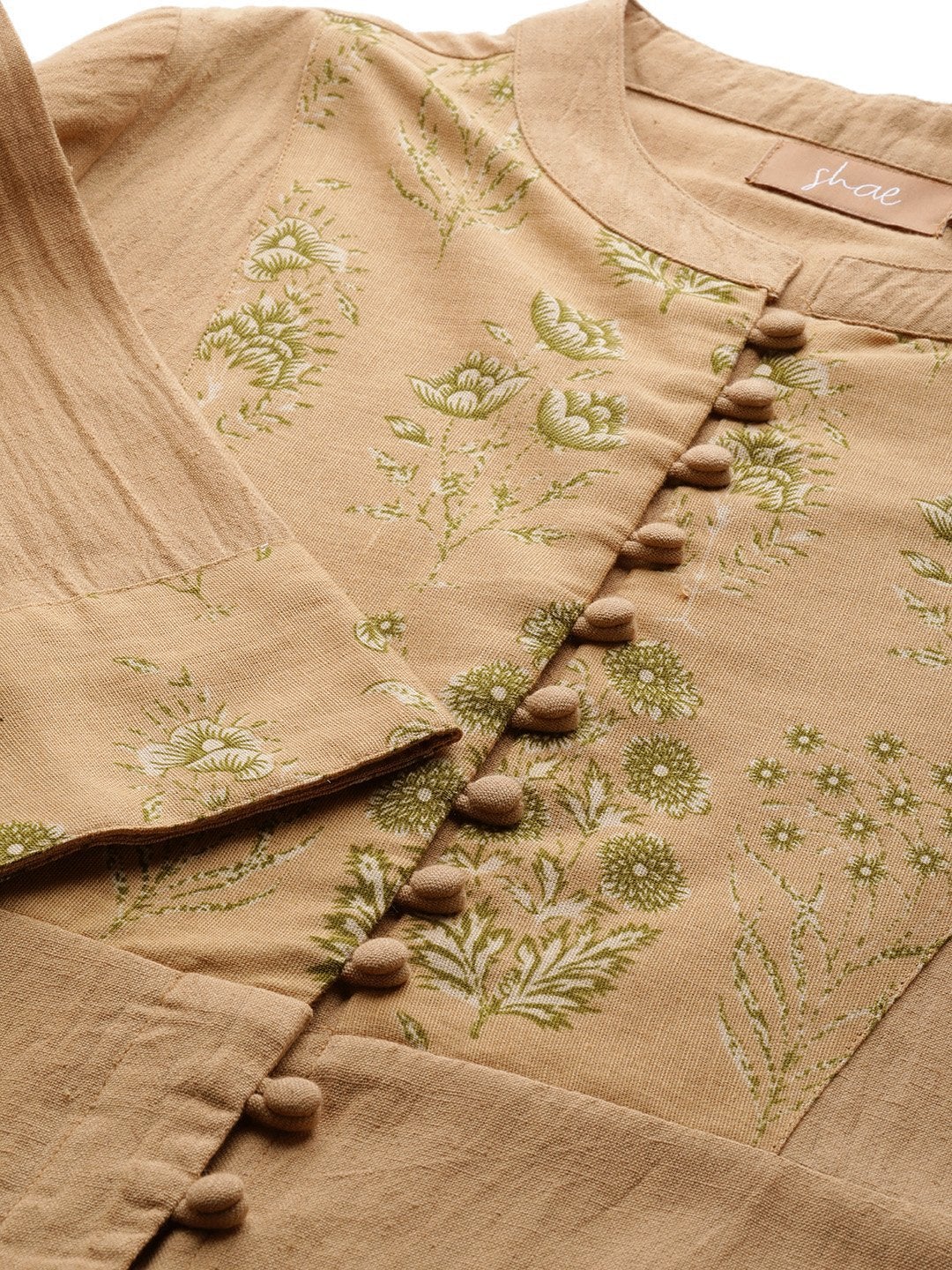Women's Beige Yoke Kurta With Floral Pencil Pants