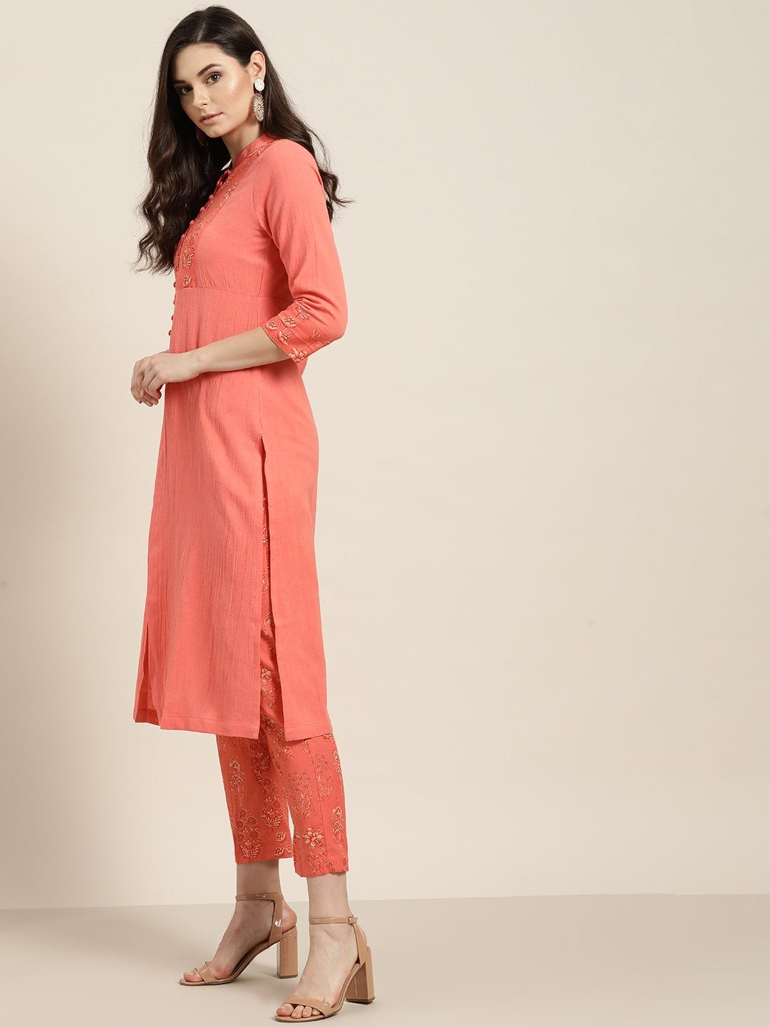 Women's Coral Yoke Kurta With Floral Pencil Pants - SHAE