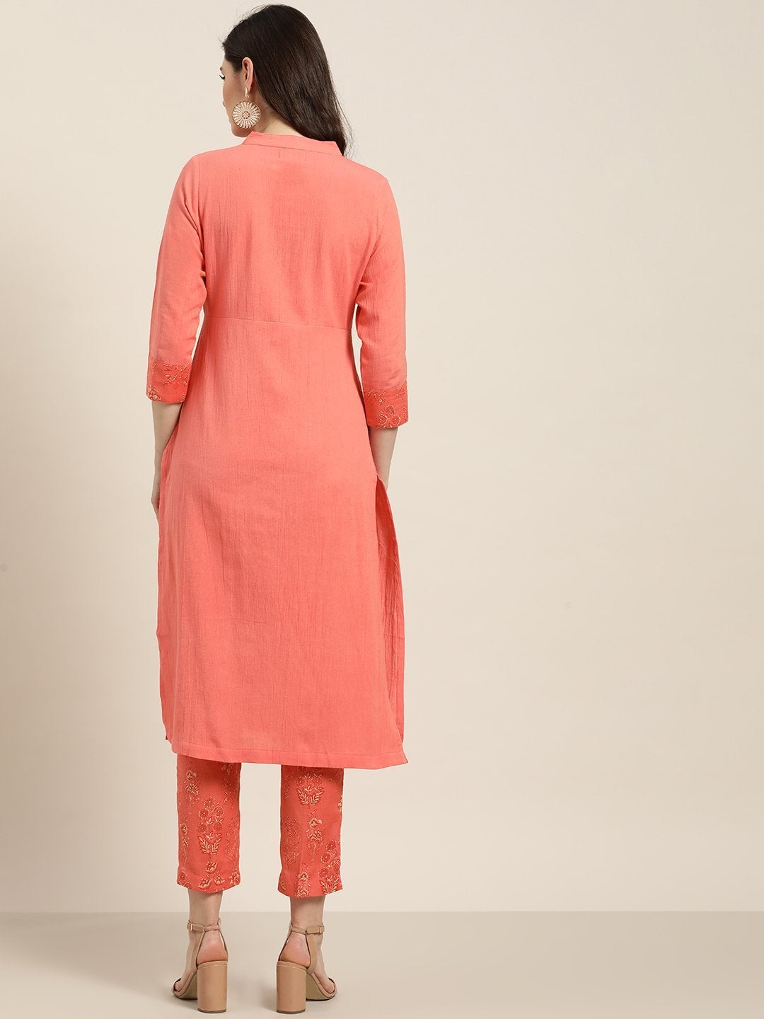 Women's Coral Yoke Kurta With Floral Pencil Pants - SHAE
