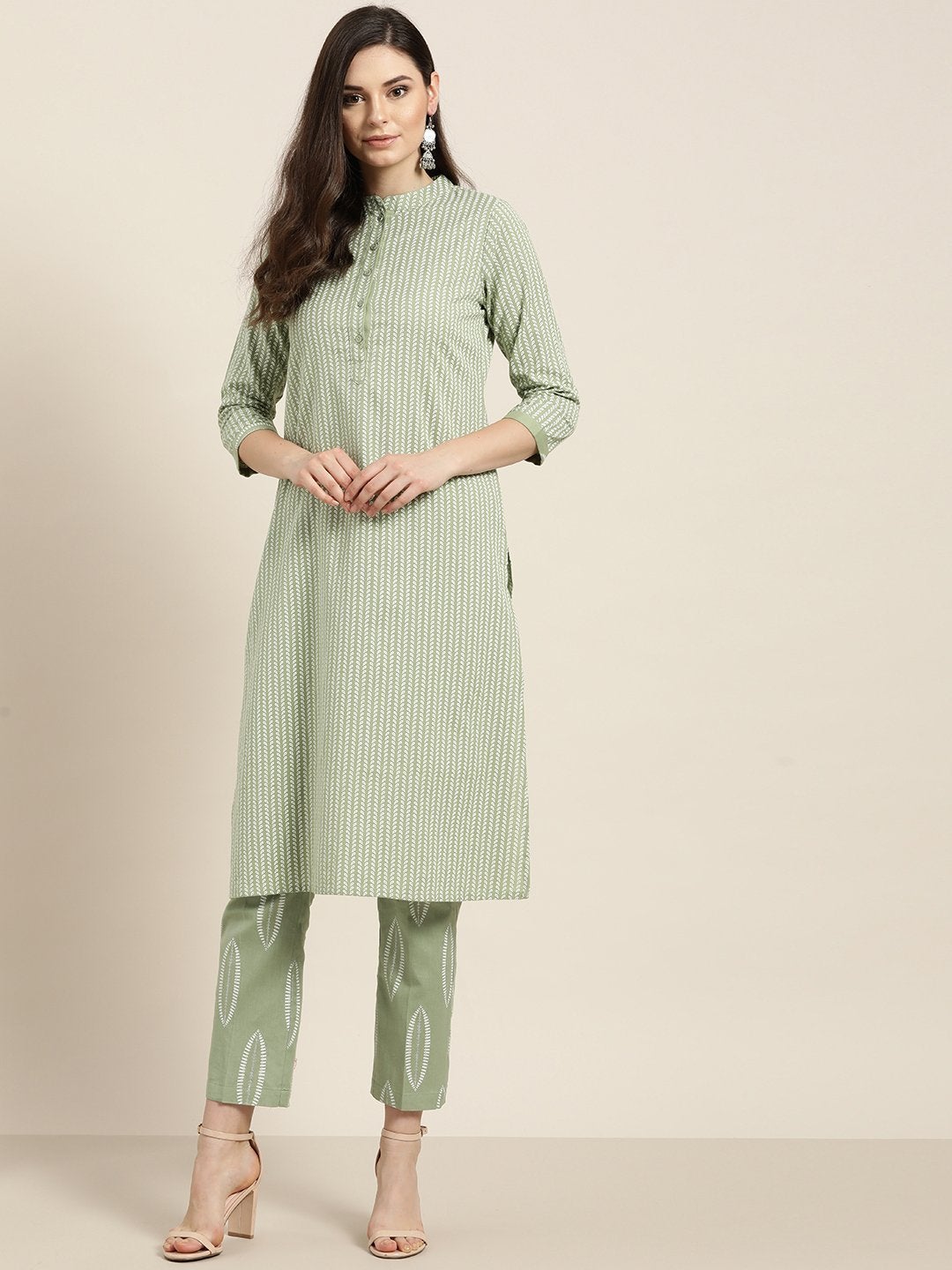 Women's Olive Floral Kurta With Floral Pants