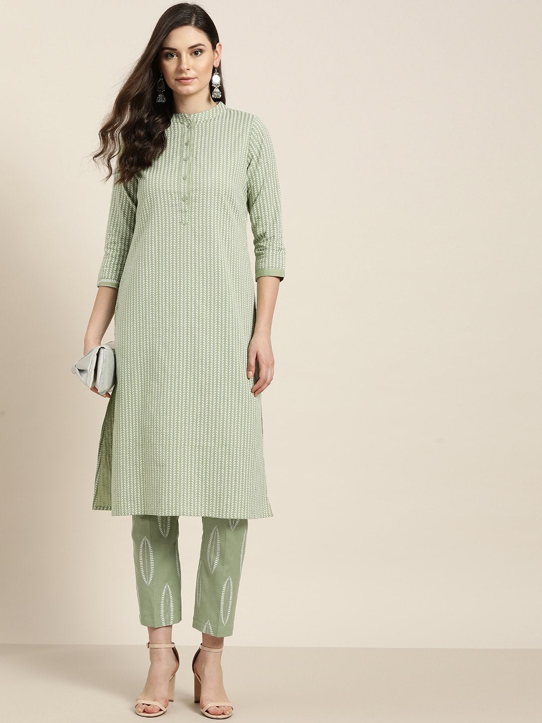 Women's Olive Floral Kurta With Floral Pants
