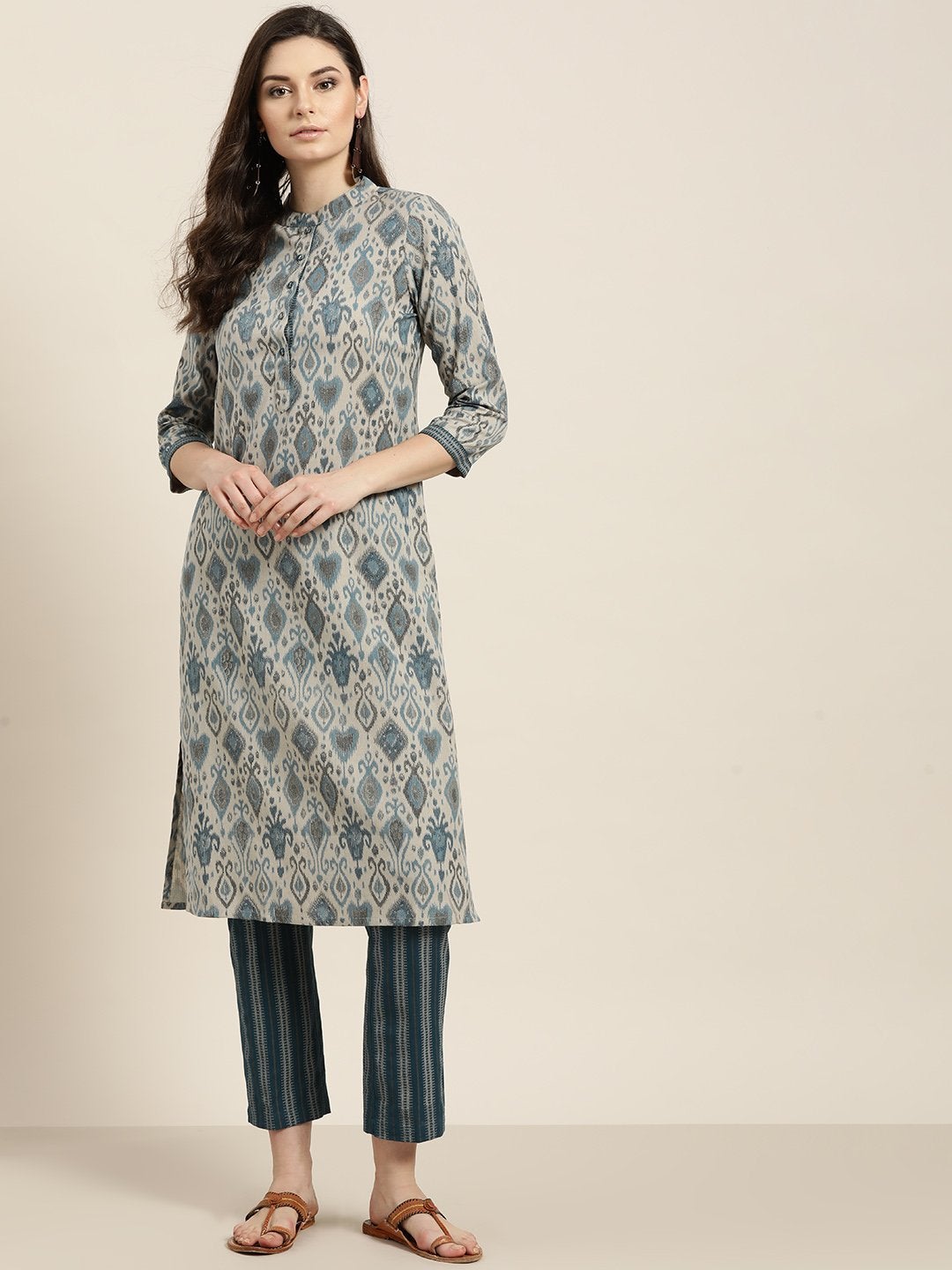 Women's Beige Kurta With Teal Striped Pants