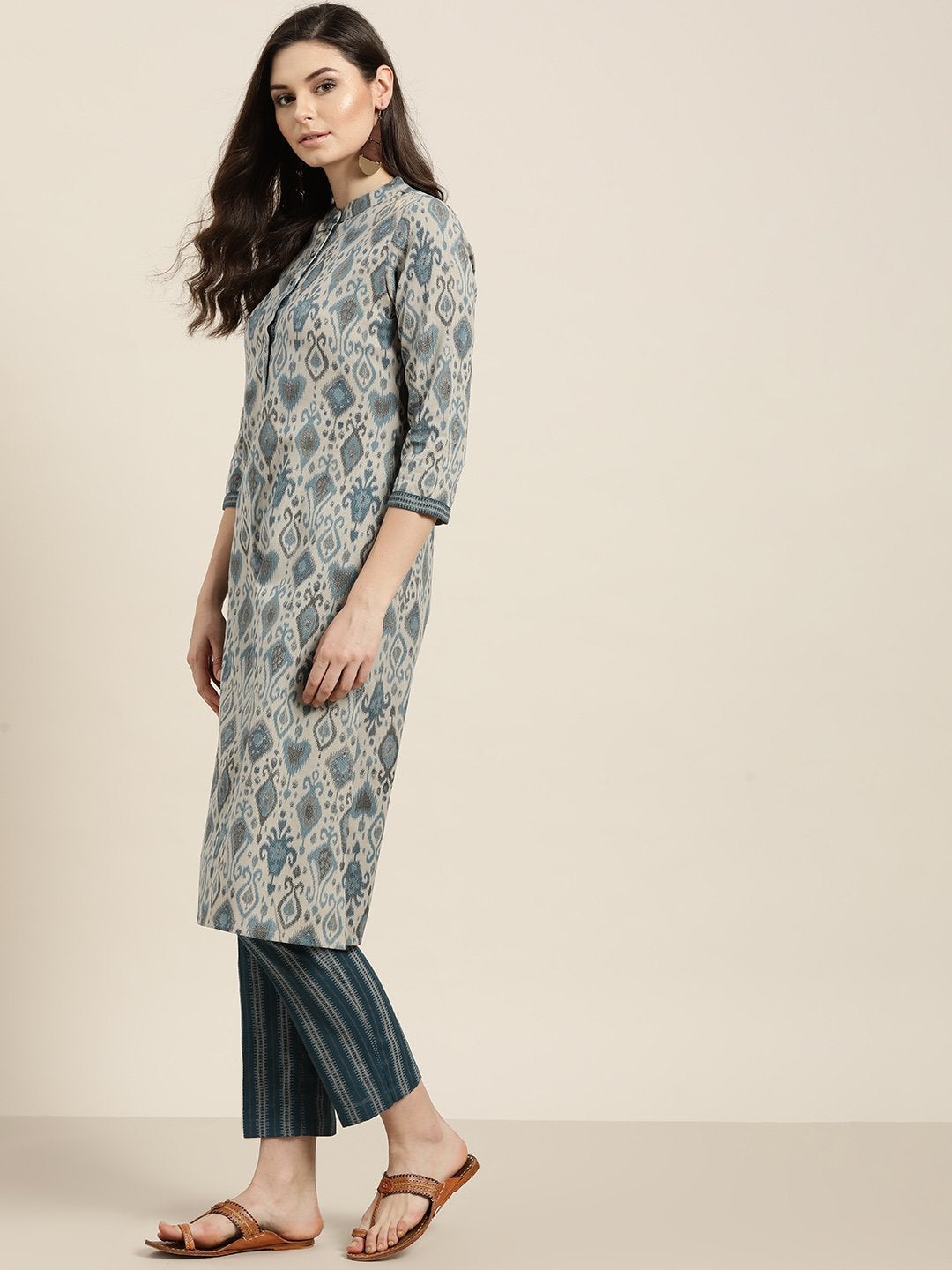 Women's Beige Kurta With Teal Striped Pants