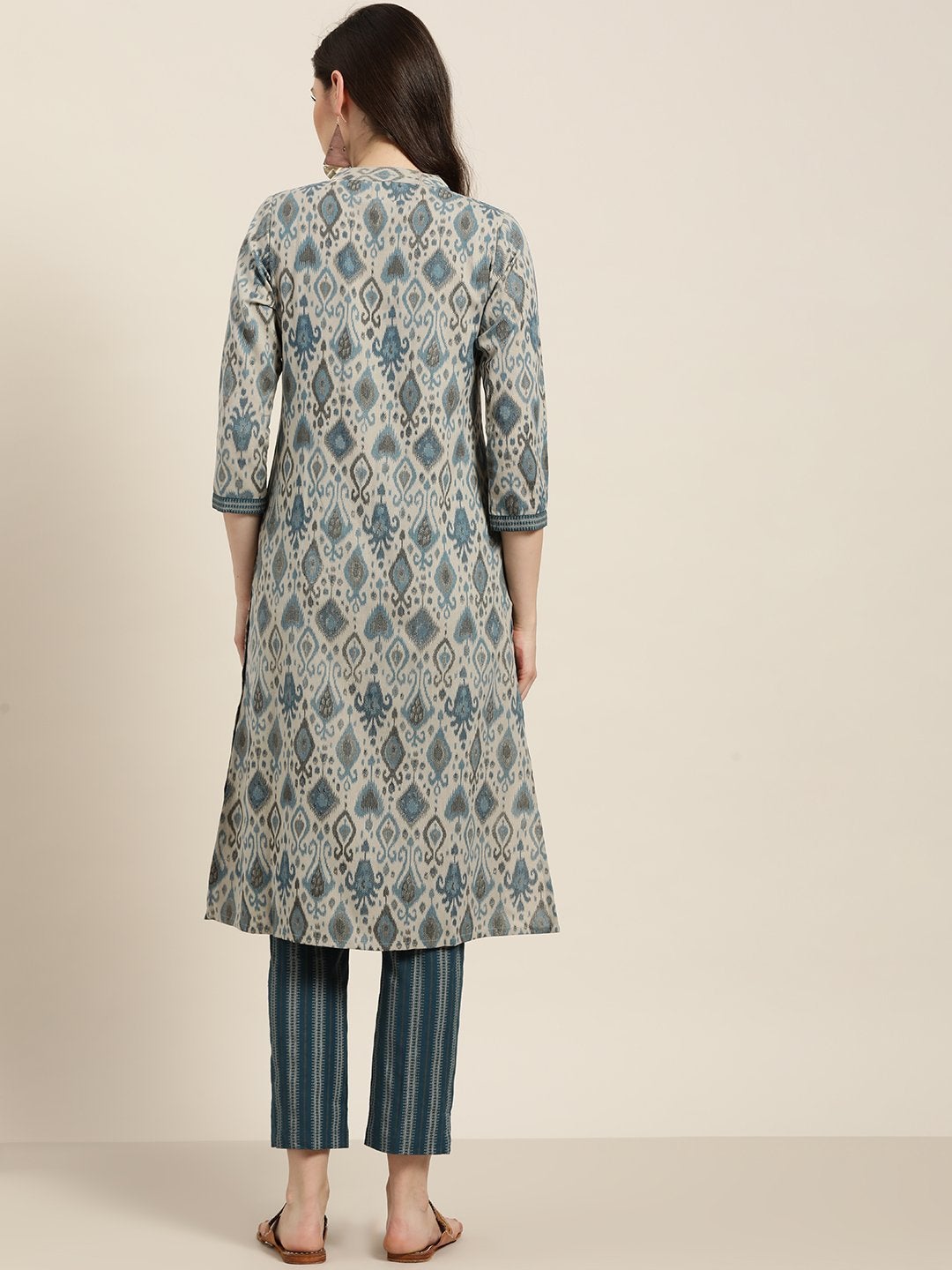 Women's Beige Kurta With Teal Striped Pants