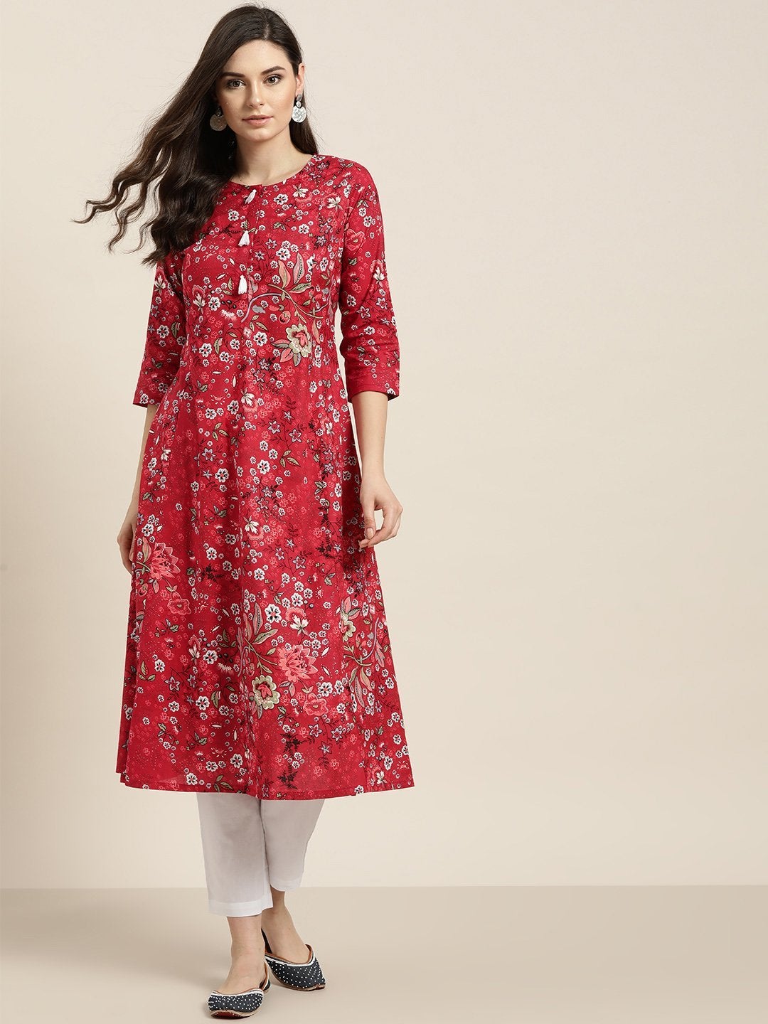 Women's Red Floral A-Line Kurta With White Straight Pants - SHAE