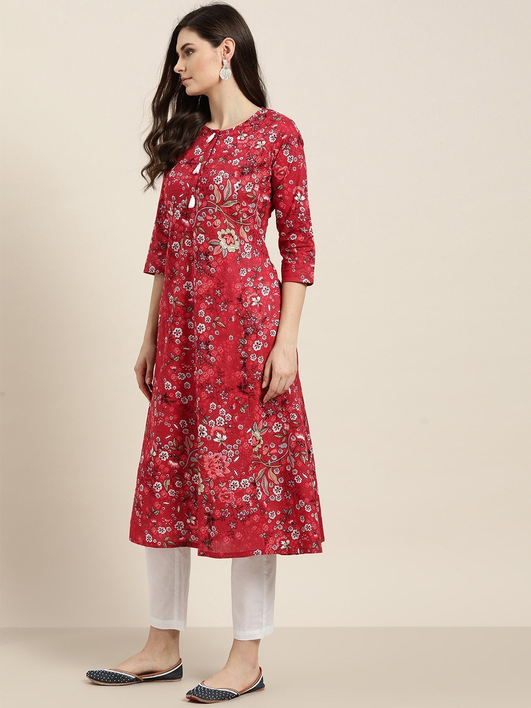 Women's Red Floral A-Line Kurta With White Straight Pants - SHAE