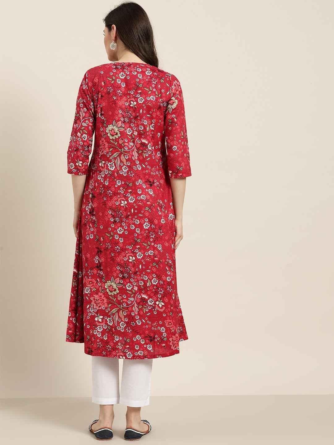 Women's Red Floral A-Line Kurta With White Straight Pants - SHAE