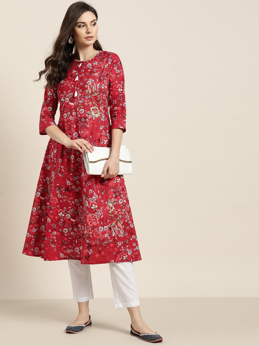 Women's Red Floral A-Line Kurta With White Straight Pants - SHAE
