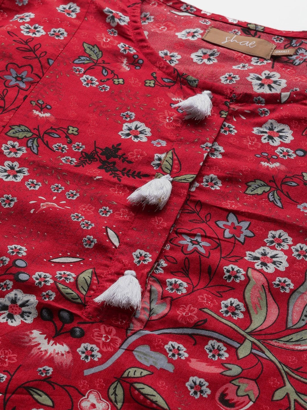 Women's Red Floral A-Line Kurta With White Straight Pants - SHAE