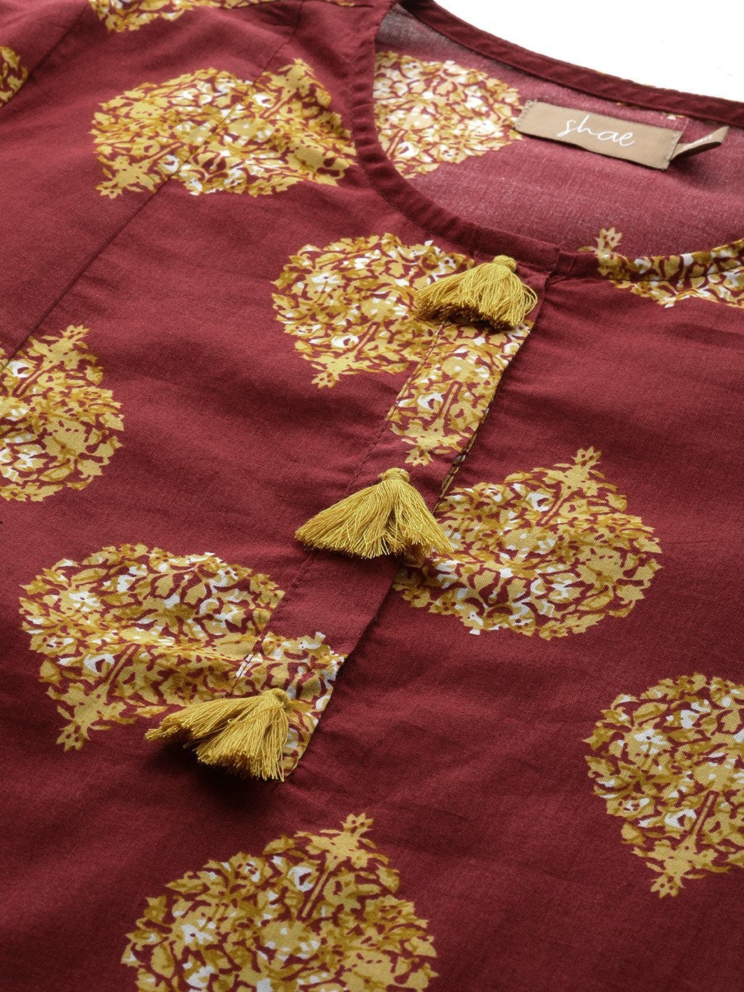 Women's Maroon Floral Booti Kurta With Mustard Pants