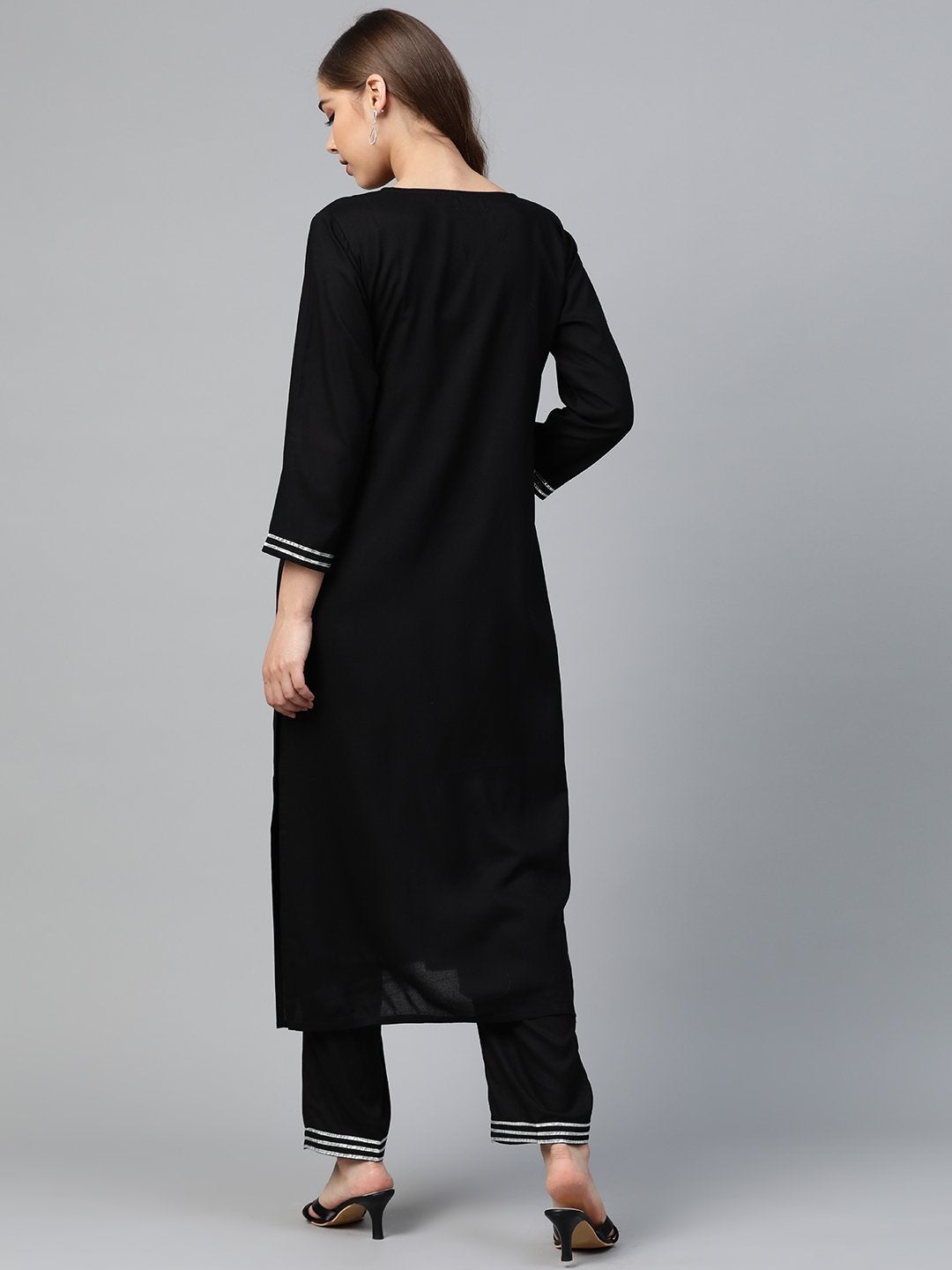 Women's Black Lace Zari Embroidery Kurta With Black Pants - SHAE
