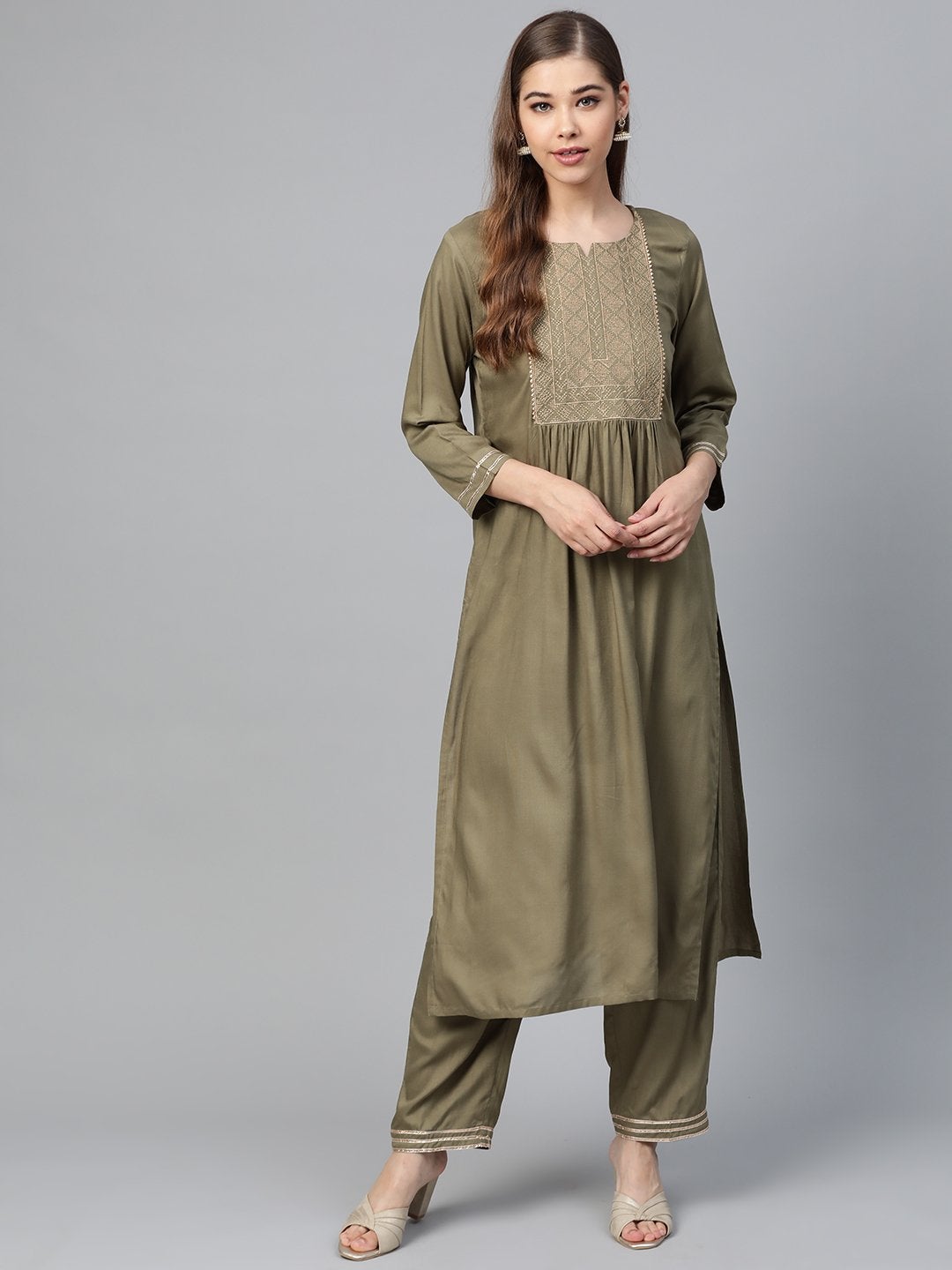 Women's Olive Lace Zari Embroidery Kurta With Olive Pants - SHAE