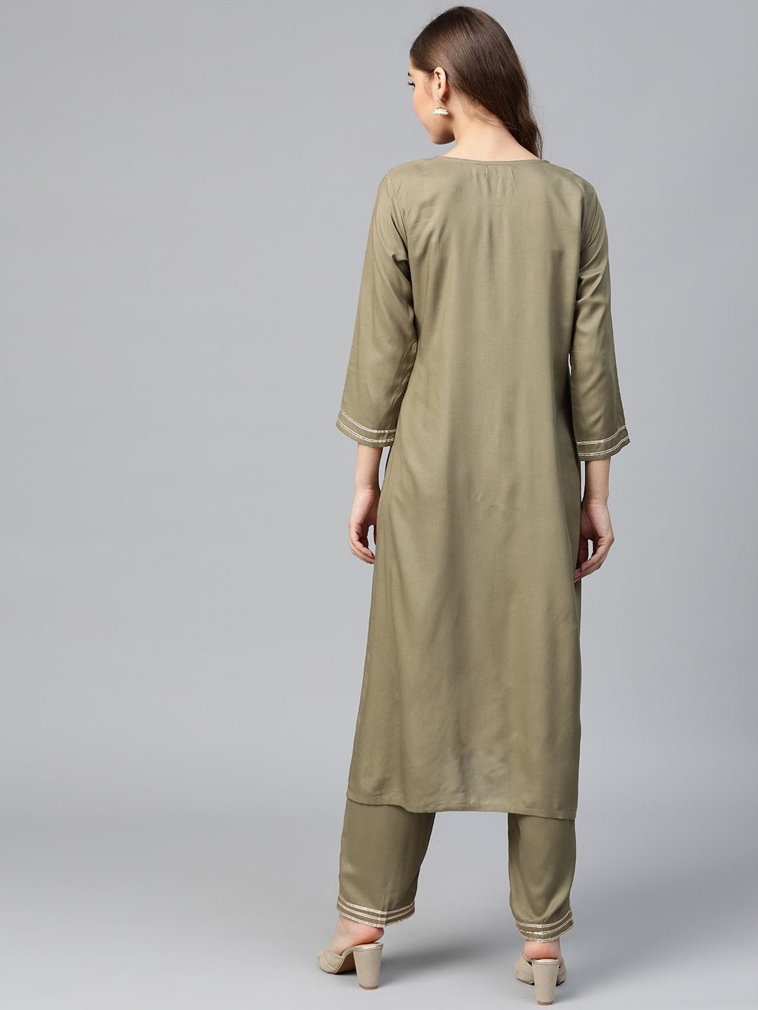 Women's Olive Lace Zari Embroidery Kurta With Olive Pants - SHAE