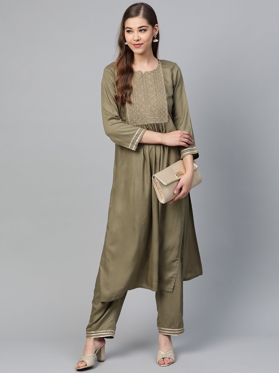 Women's Olive Lace Zari Embroidery Kurta With Olive Pants - SHAE