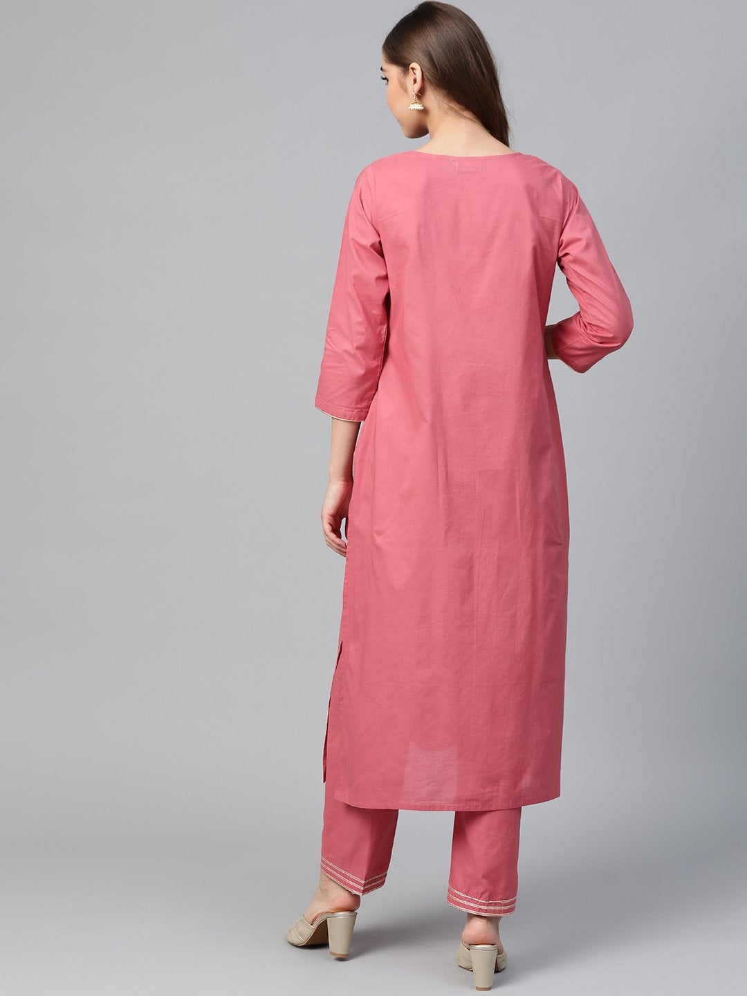 Women's Pink Zari Embroidery Kurta With Pink Pants