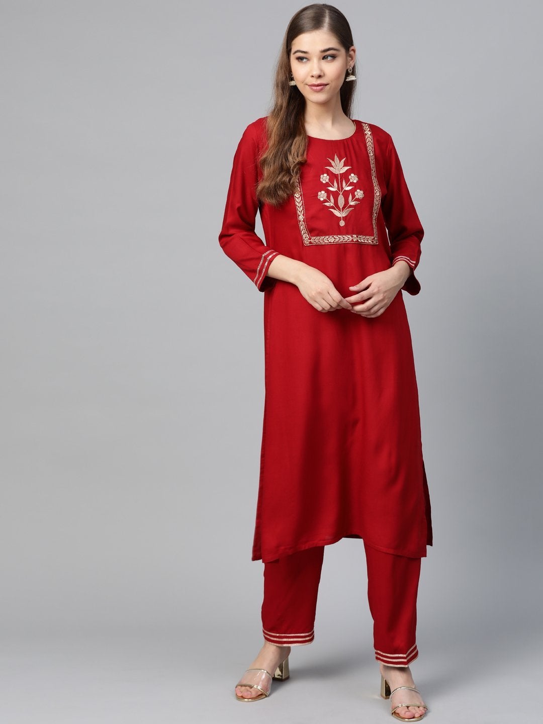 Women's Red Motif Zari Embroidery Kurta With Red Pants - SHAE