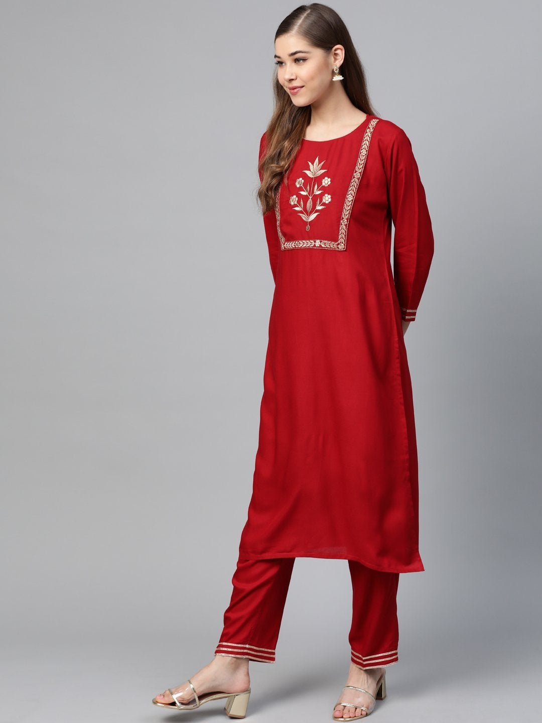 Women's Red Motif Zari Embroidery Kurta With Red Pants - SHAE