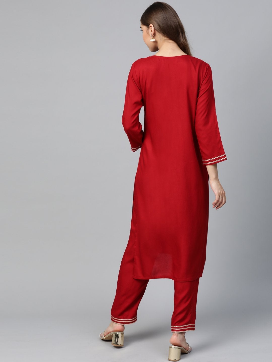 Women's Red Motif Zari Embroidery Kurta With Red Pants - SHAE