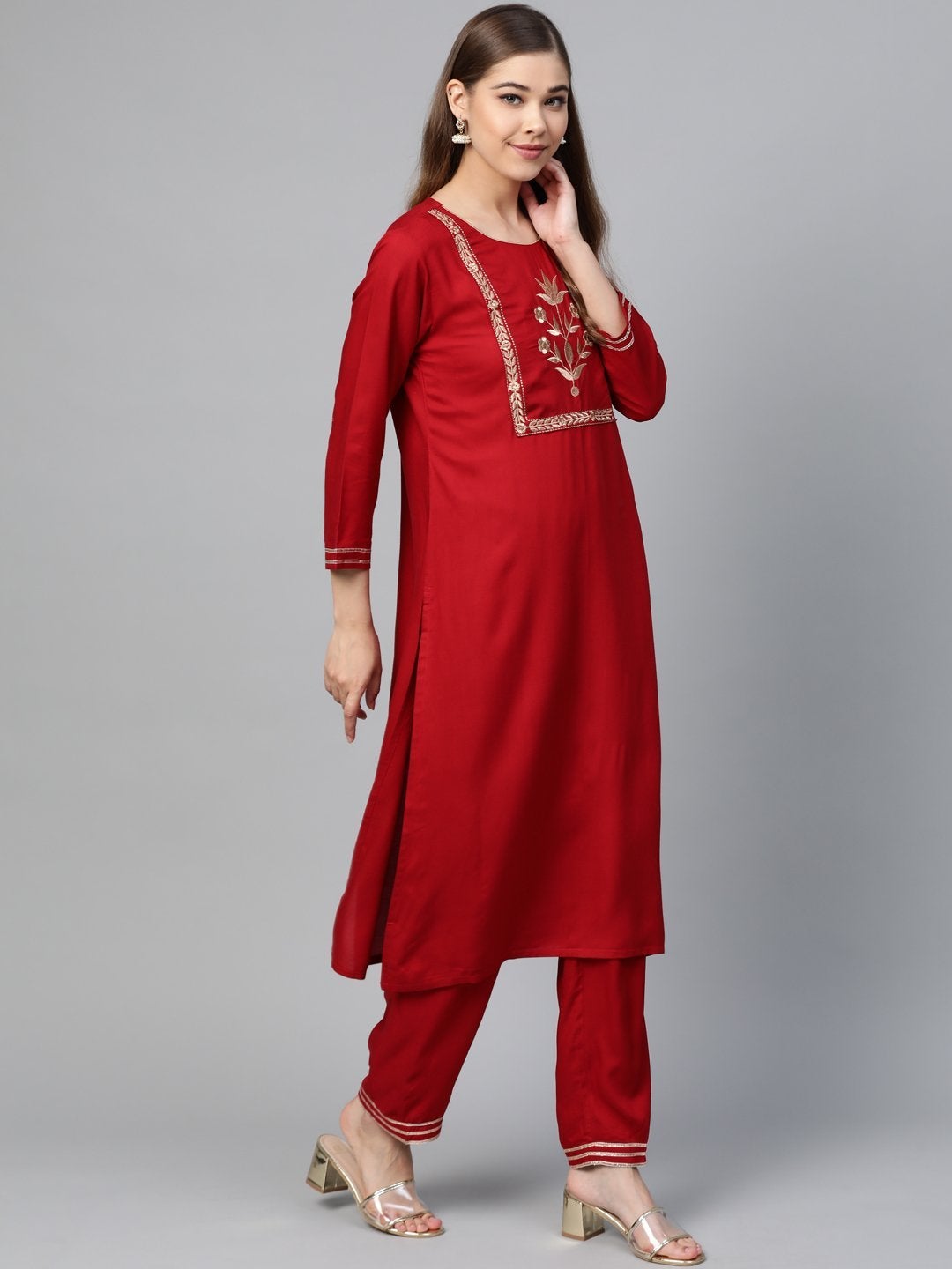Women's Red Motif Zari Embroidery Kurta With Red Pants - SHAE