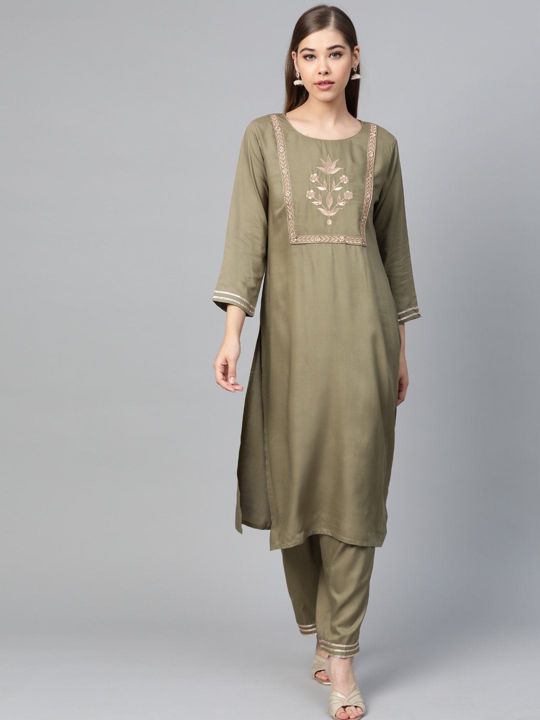 Women's Olive Motif Zari Embroidery Kurta With Olive Pants