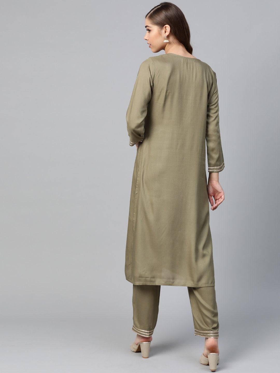 Women's Olive Motif Zari Embroidery Kurta With Olive Pants