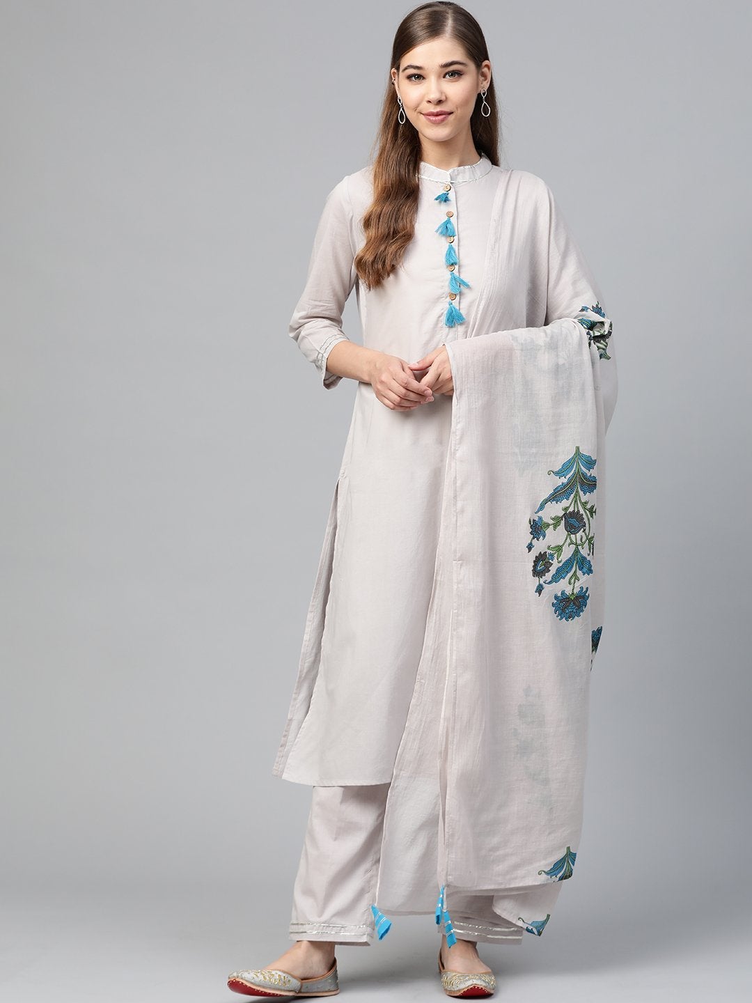 Women's Grey Kurta Pants & White Block Print Dupatta