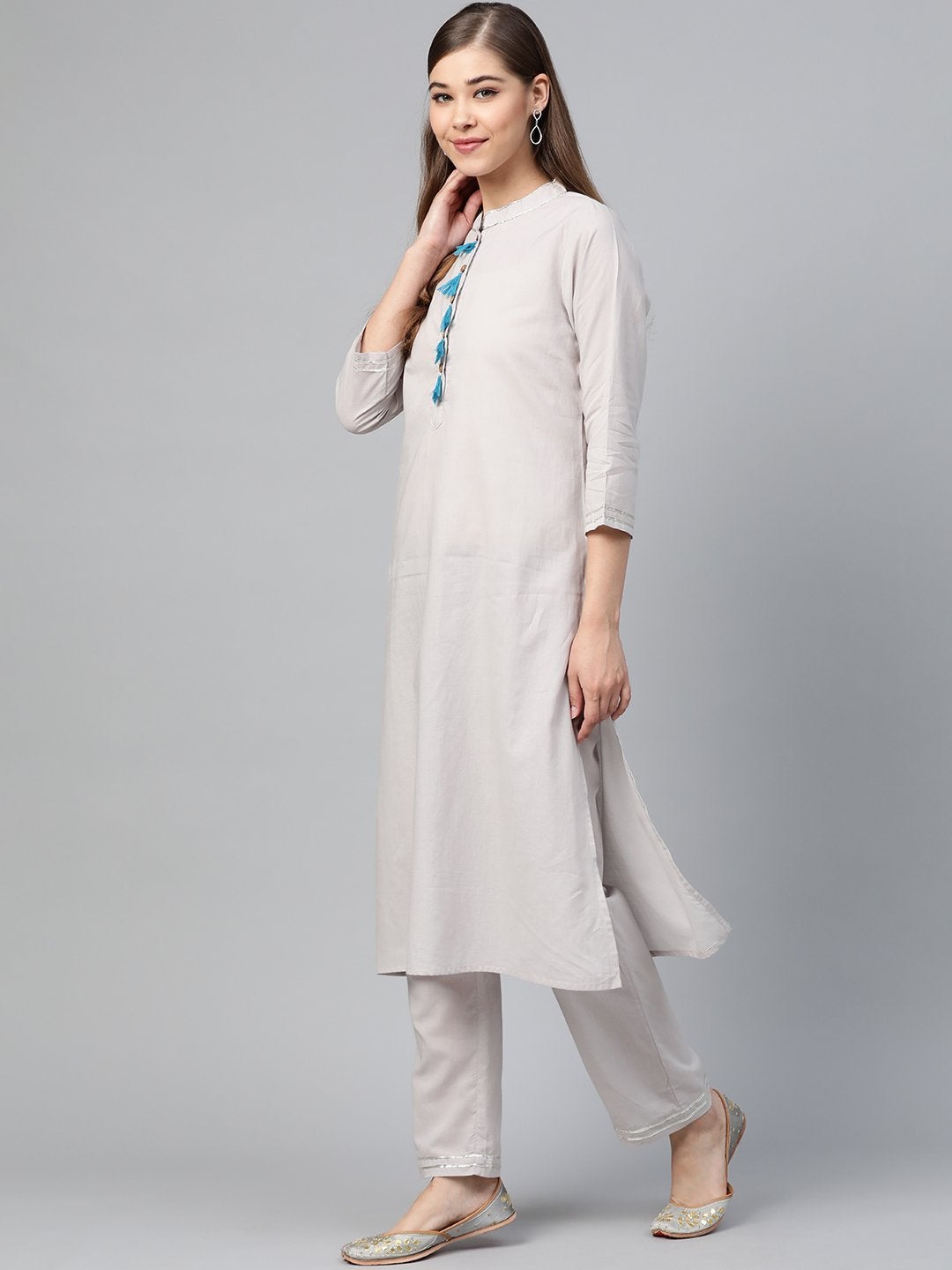 Women's Grey Kurta Pants & White Block Print Dupatta