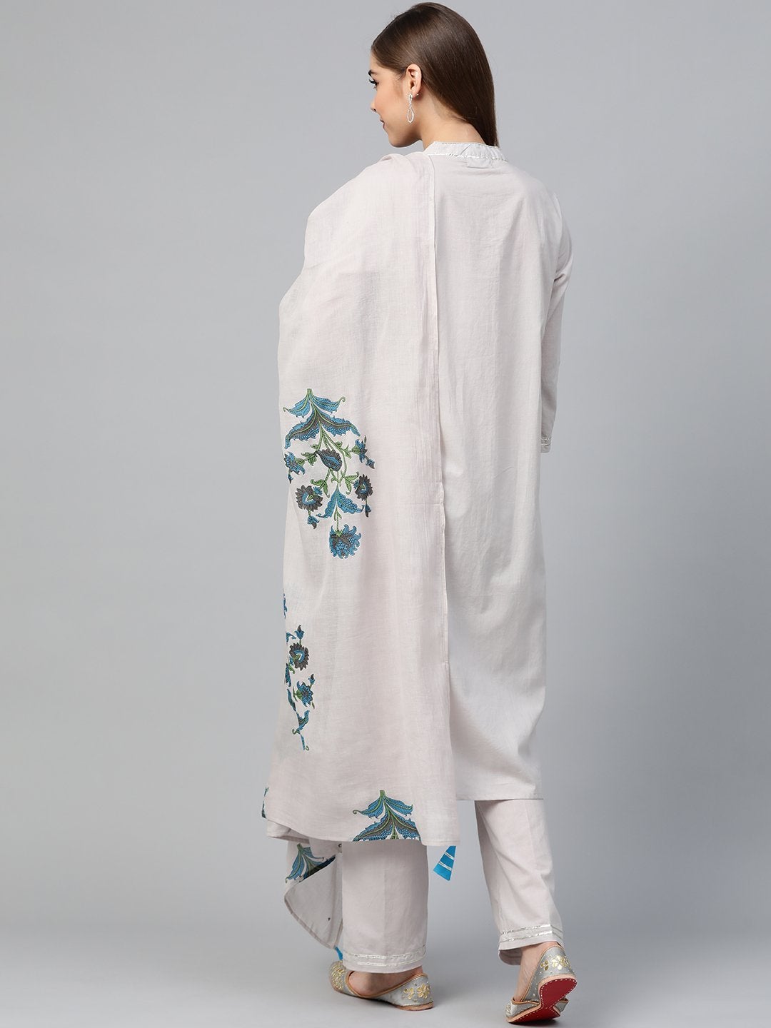 Women's Grey Kurta Pants & White Block Print Dupatta