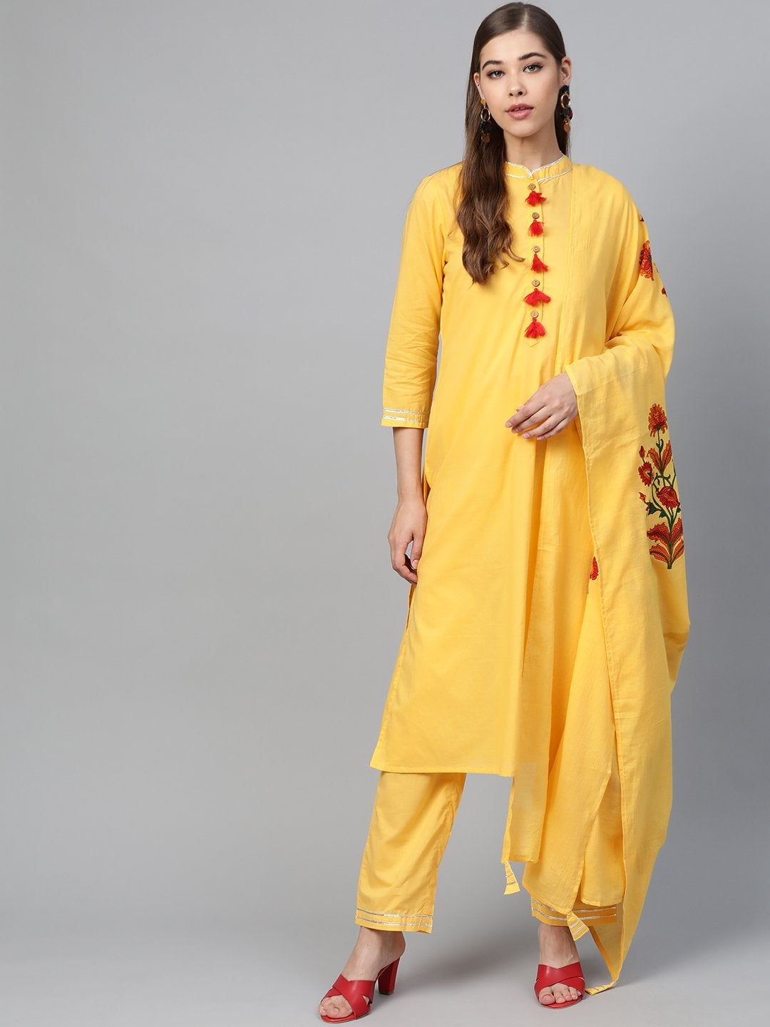 Women's Yellow Kurta Pants & Yellow Block Print Dupatta