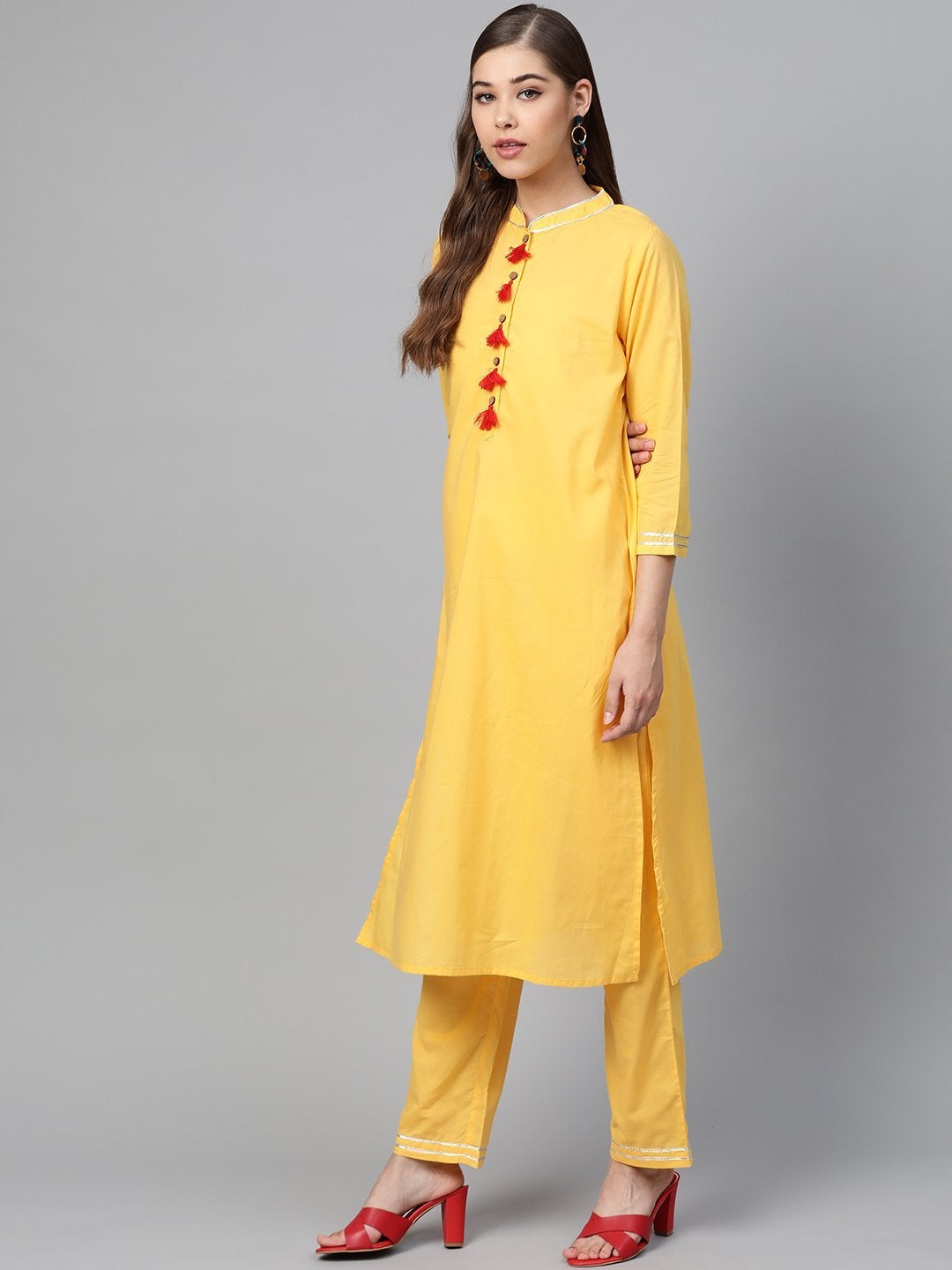 Women's Yellow Kurta Pants & Yellow Block Print Dupatta