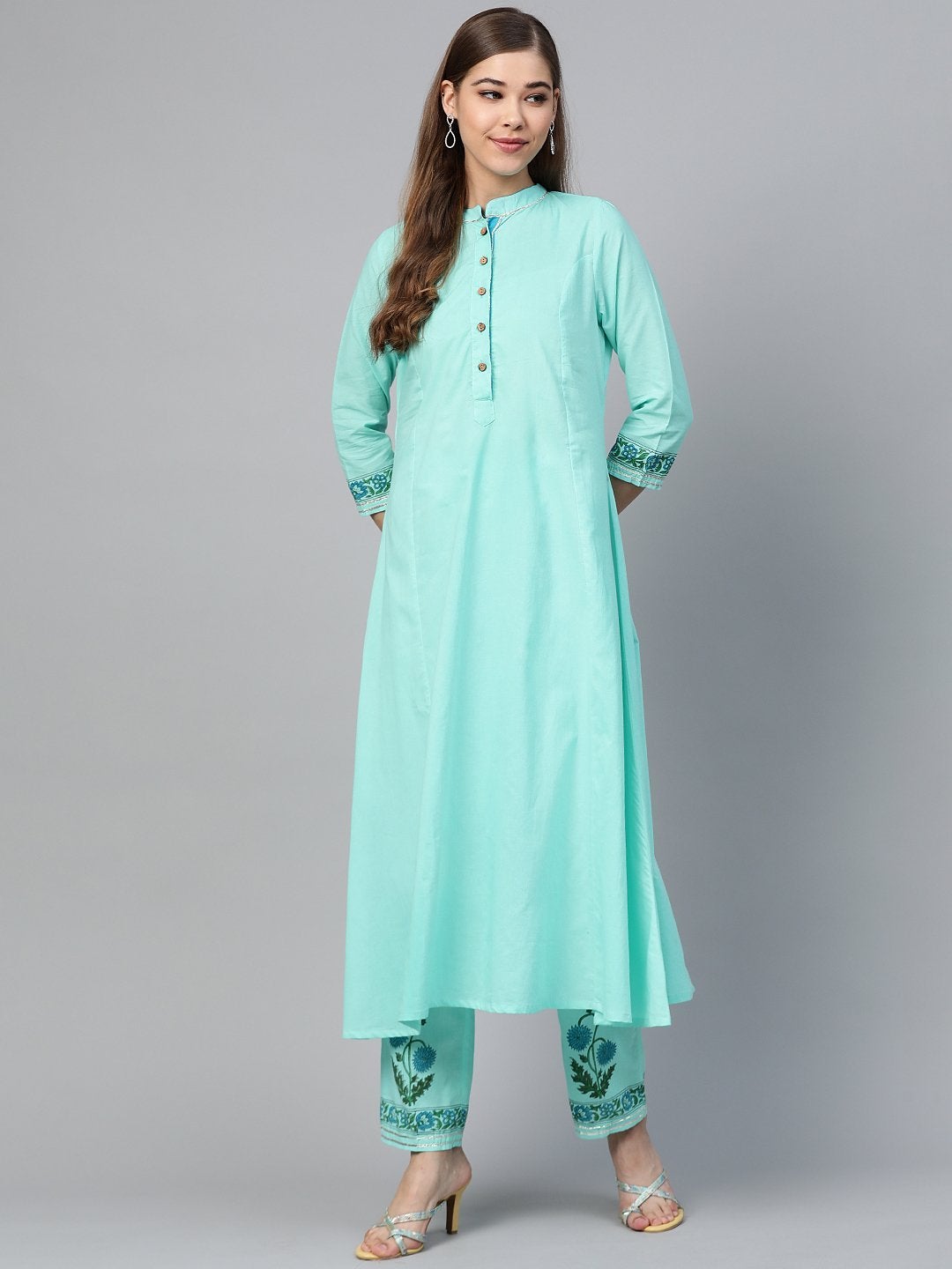 Women's Turquoise Kurta With Block Print Straight Pants - SHAE