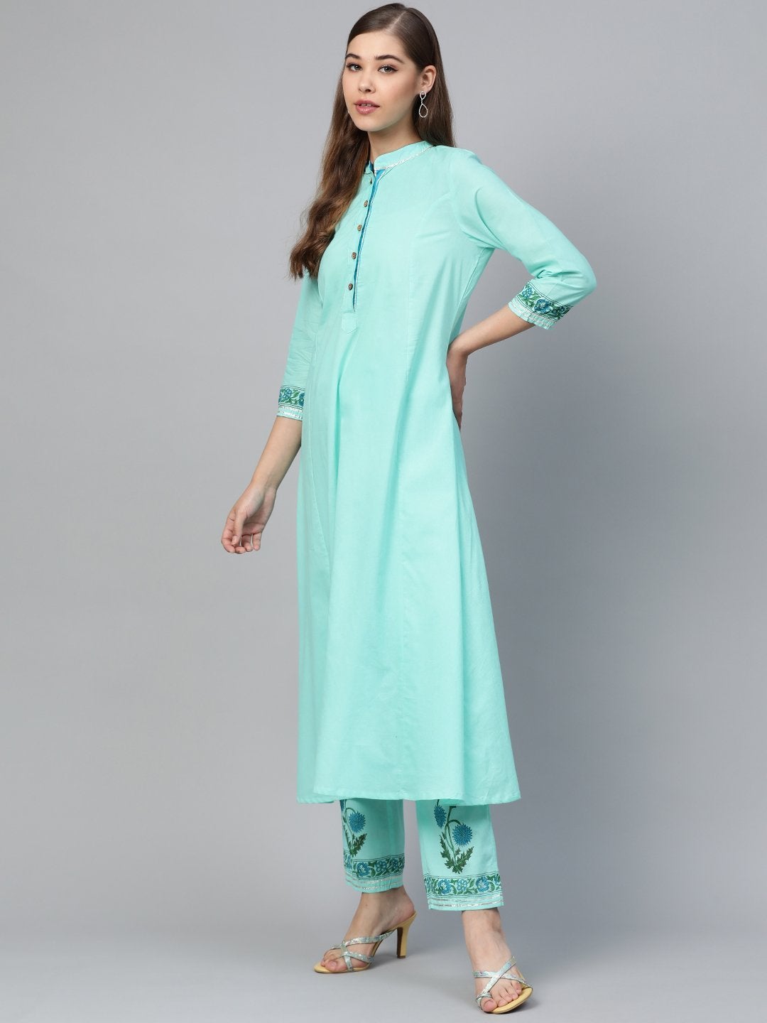 Women's Turquoise Kurta With Block Print Straight Pants - SHAE