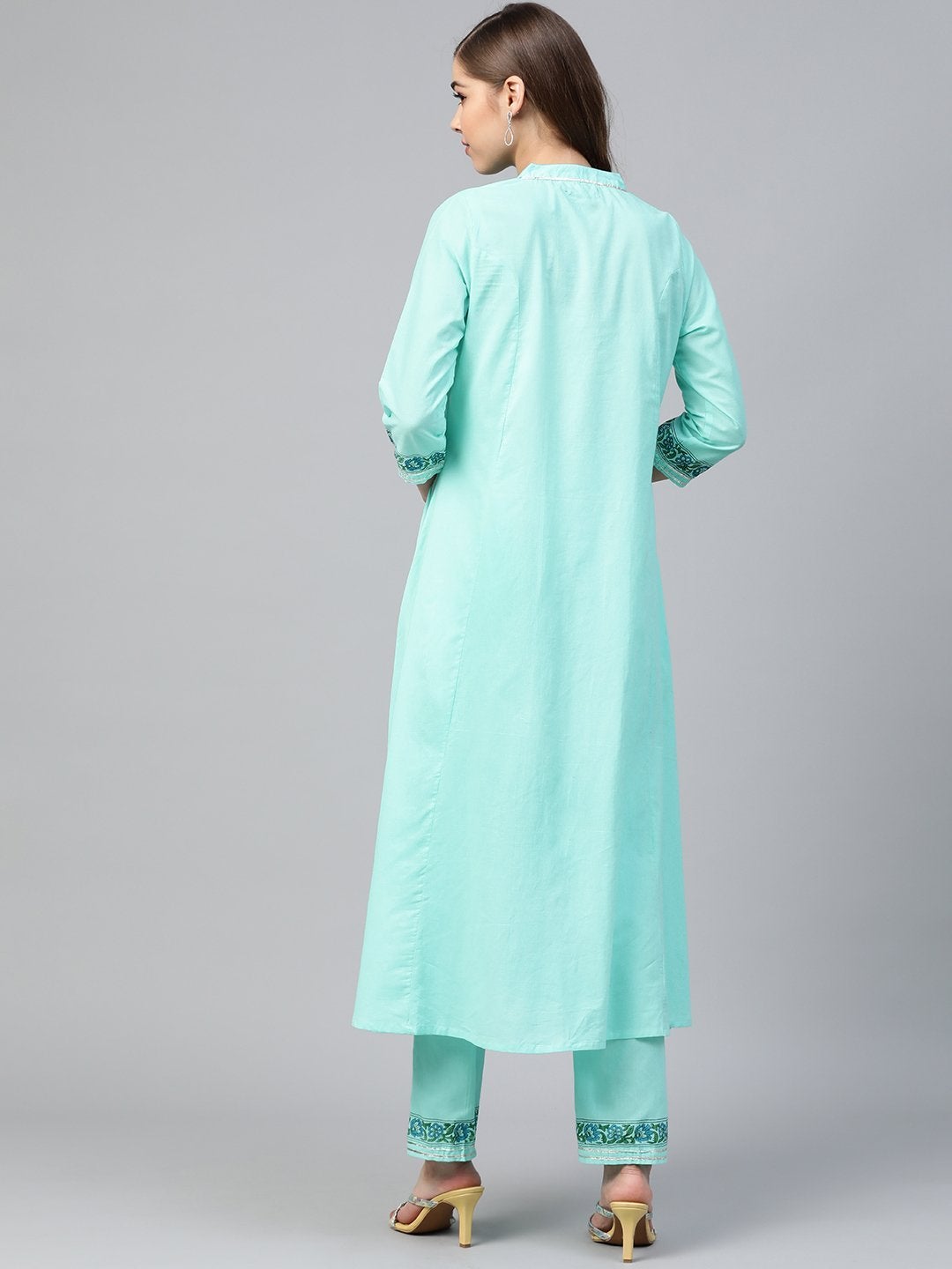 Women's Turquoise Kurta With Block Print Straight Pants - SHAE