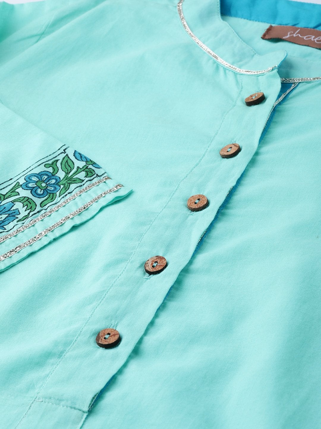 Women's Turquoise Kurta With Block Print Straight Pants - SHAE