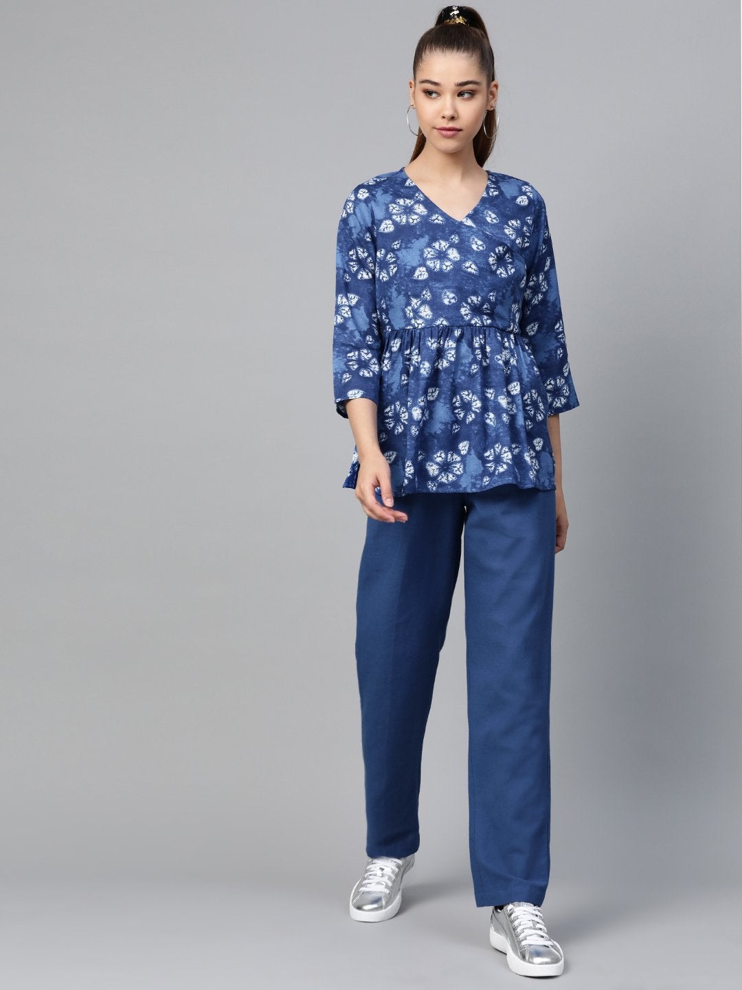 Women's Blue Tie & Dye Peplum Top With Blue Pants