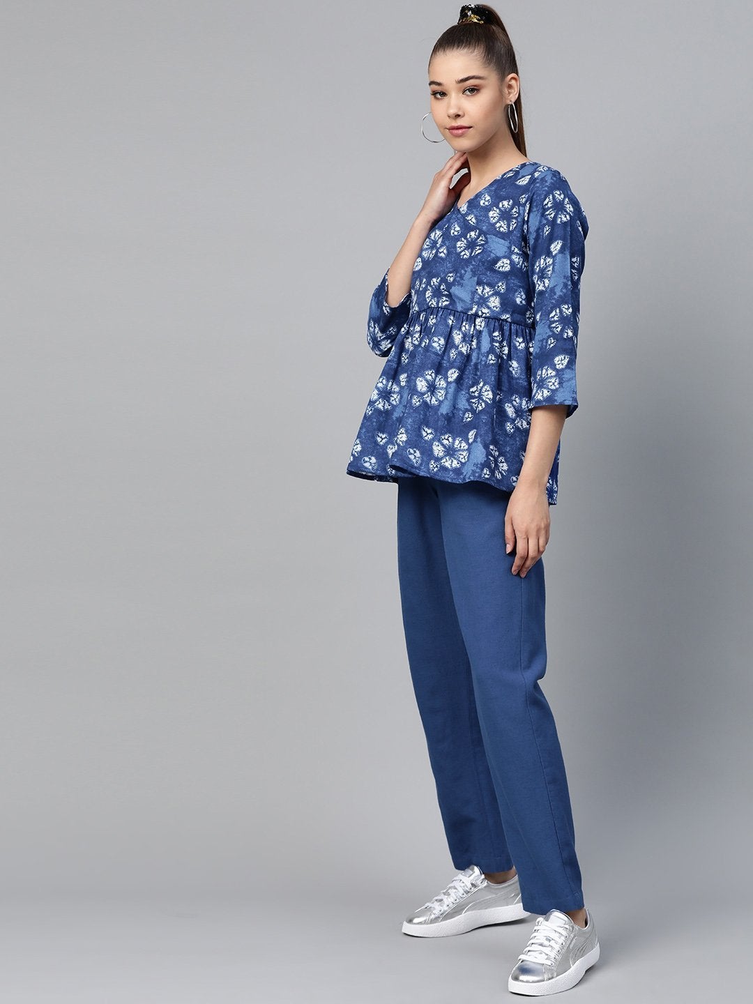 Women's Blue Tie & Dye Peplum Top With Blue Pants