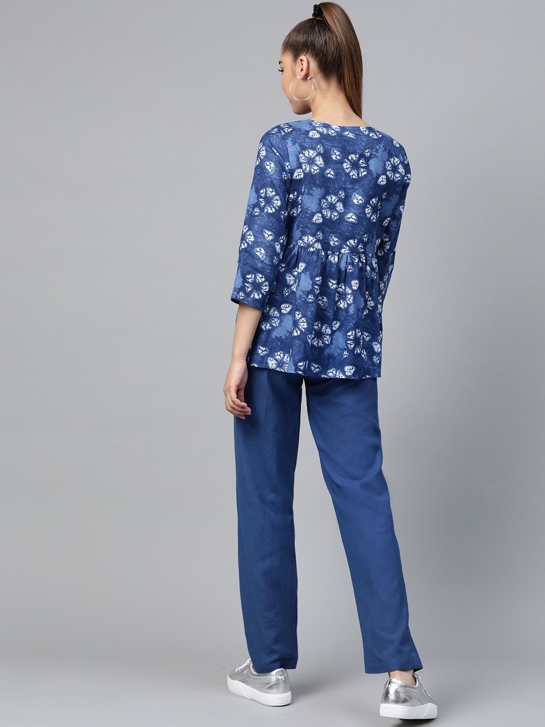 Women's Blue Tie & Dye Peplum Top With Blue Pants