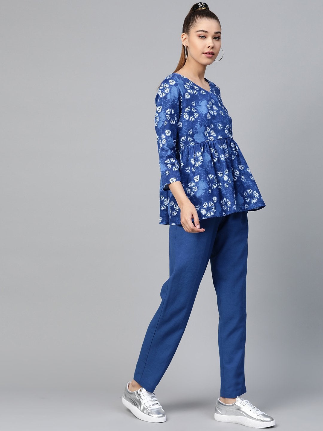 Women's Blue Tie & Dye Peplum Top With Blue Pants