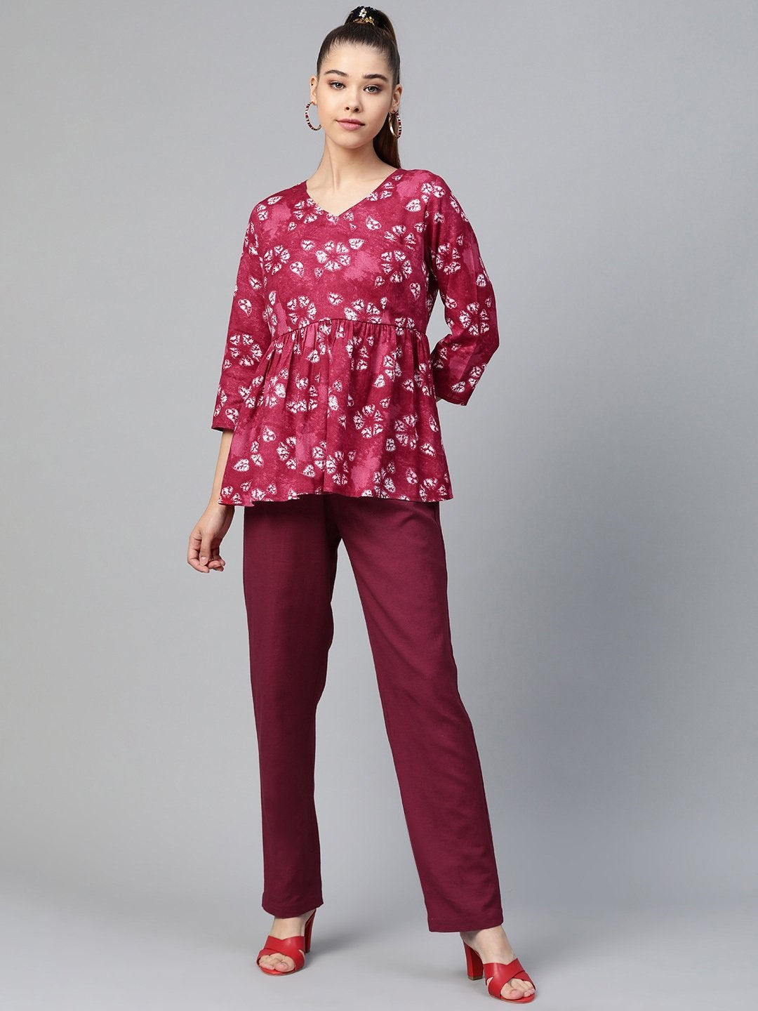 Women's Red Tie & Dye Peplum Top With Red Pants - SHAE