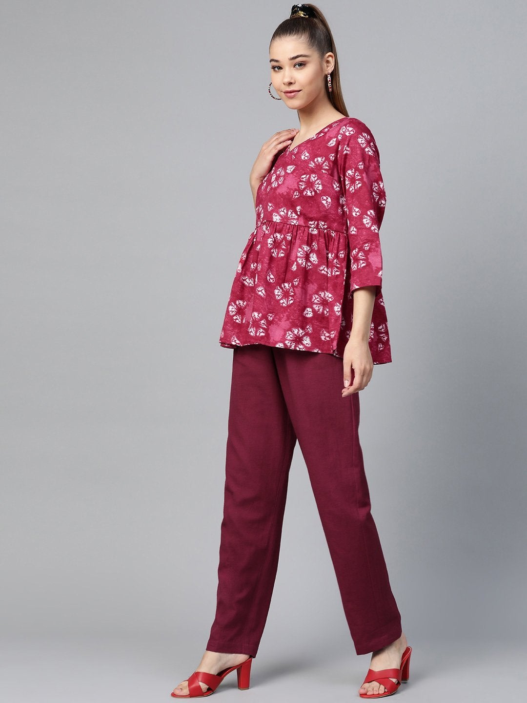Women's Red Tie & Dye Peplum Top With Red Pants - SHAE